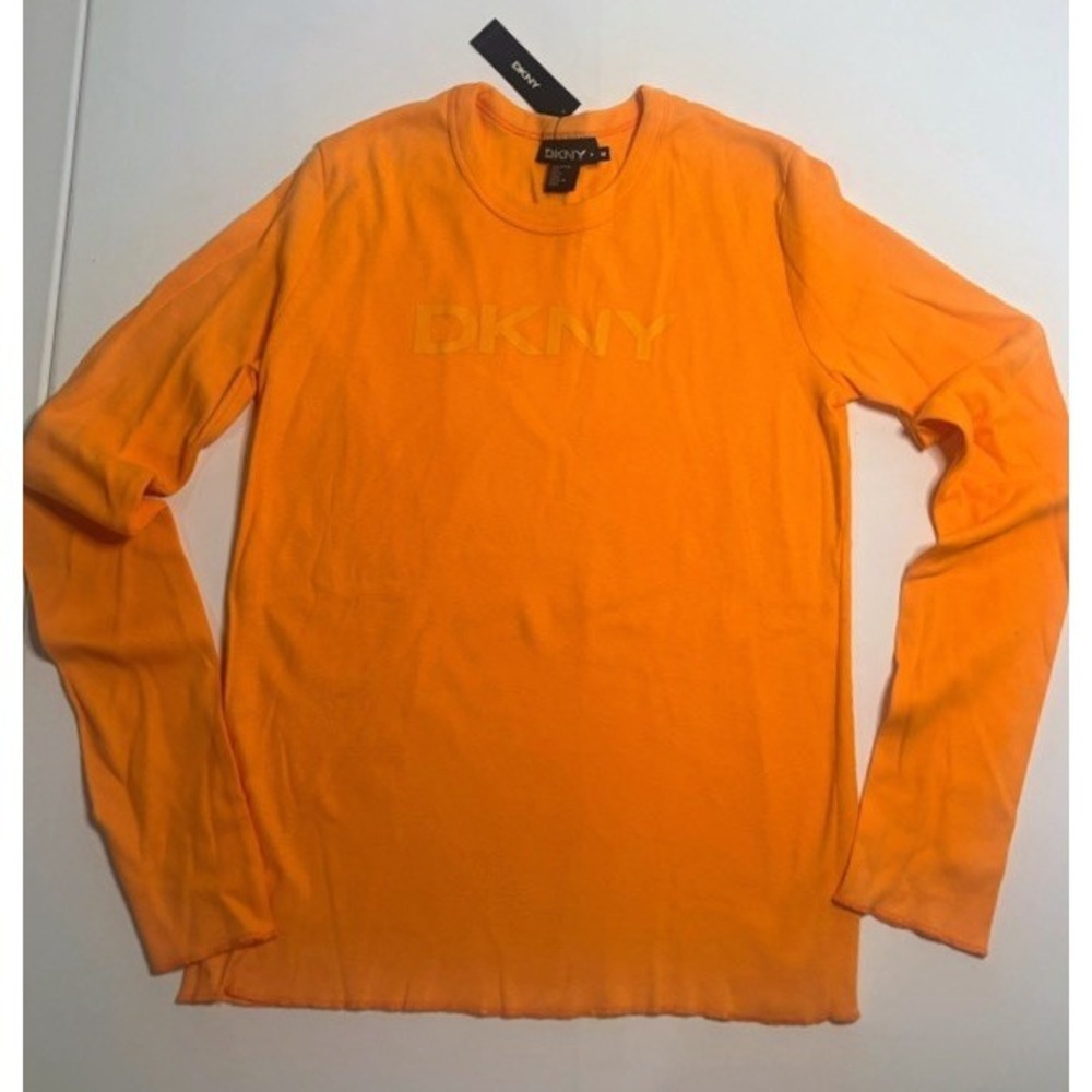 DKNY Sport Top Women's M Orange Long Sleeve Logo Fitted Stretch Casual New Y2K